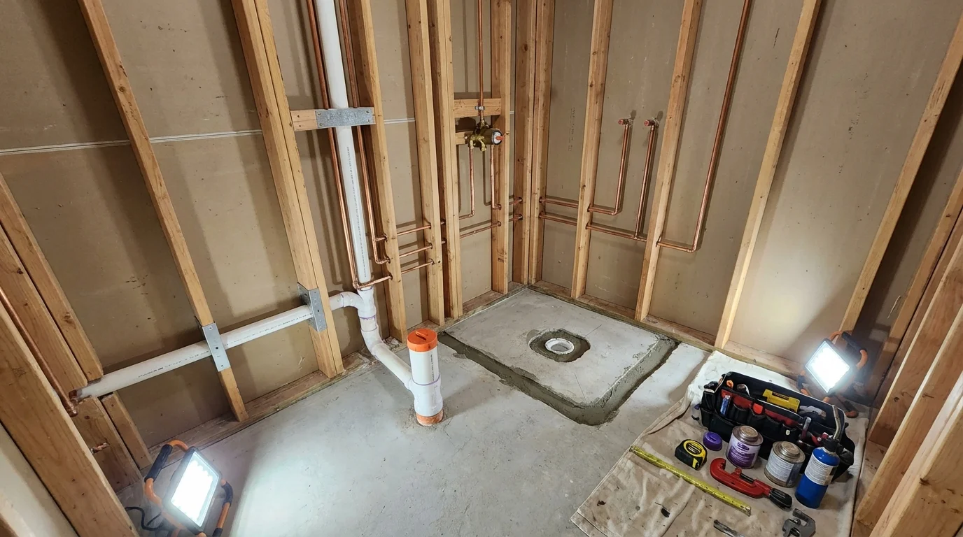Bathroom rough-in plumbing during remodel by Johns Plumbing LLC in Breaux Bridge