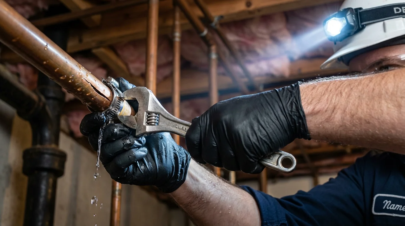 Emergency pipe clamp repair being performed by a Johns Plumbing LLC plumber in Breaux Bridge