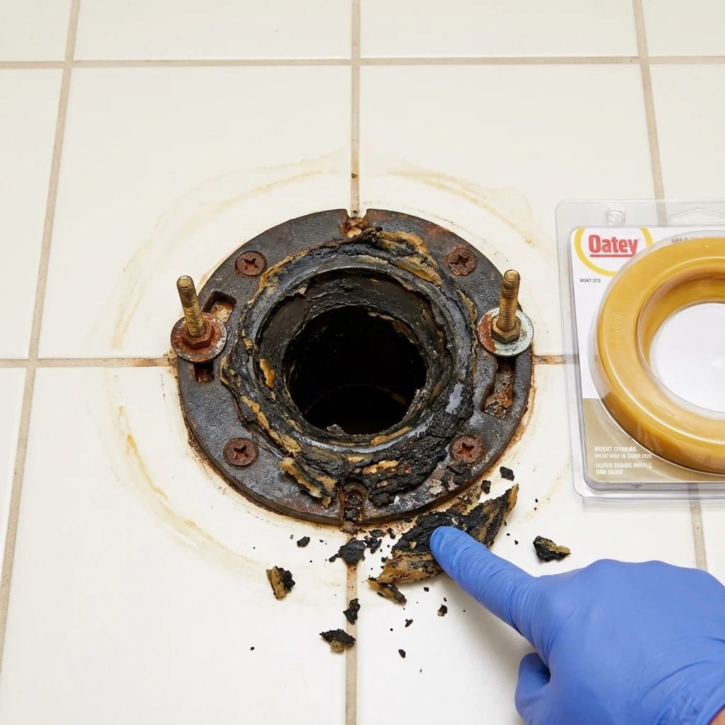 Failed wax ring showing water seepage at the base of a toilet in a Breaux Bridge, LA home