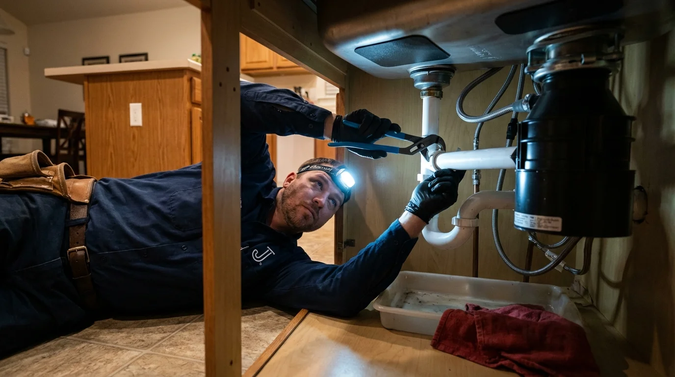 P-trap and supply line connections under a kitchen sink showing a common leak point in Breaux Bridge, LA